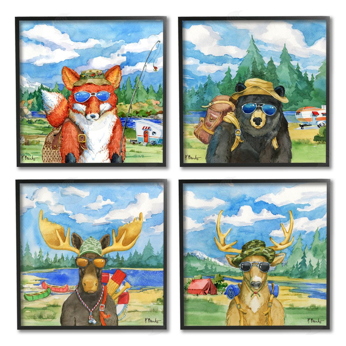Paul Brent Happy Camper Woodland Animals Black Framed Giclee Wall Art Print