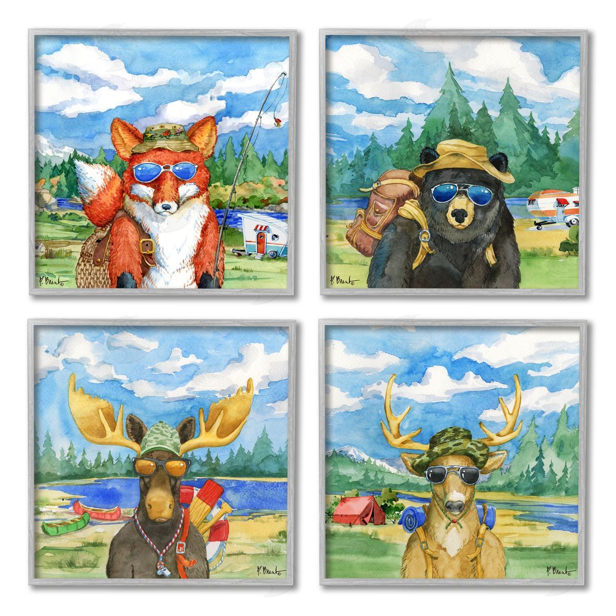 Paul Brent Happy Camper Woodland Animals Gray Framed Giclee Wall Art Print