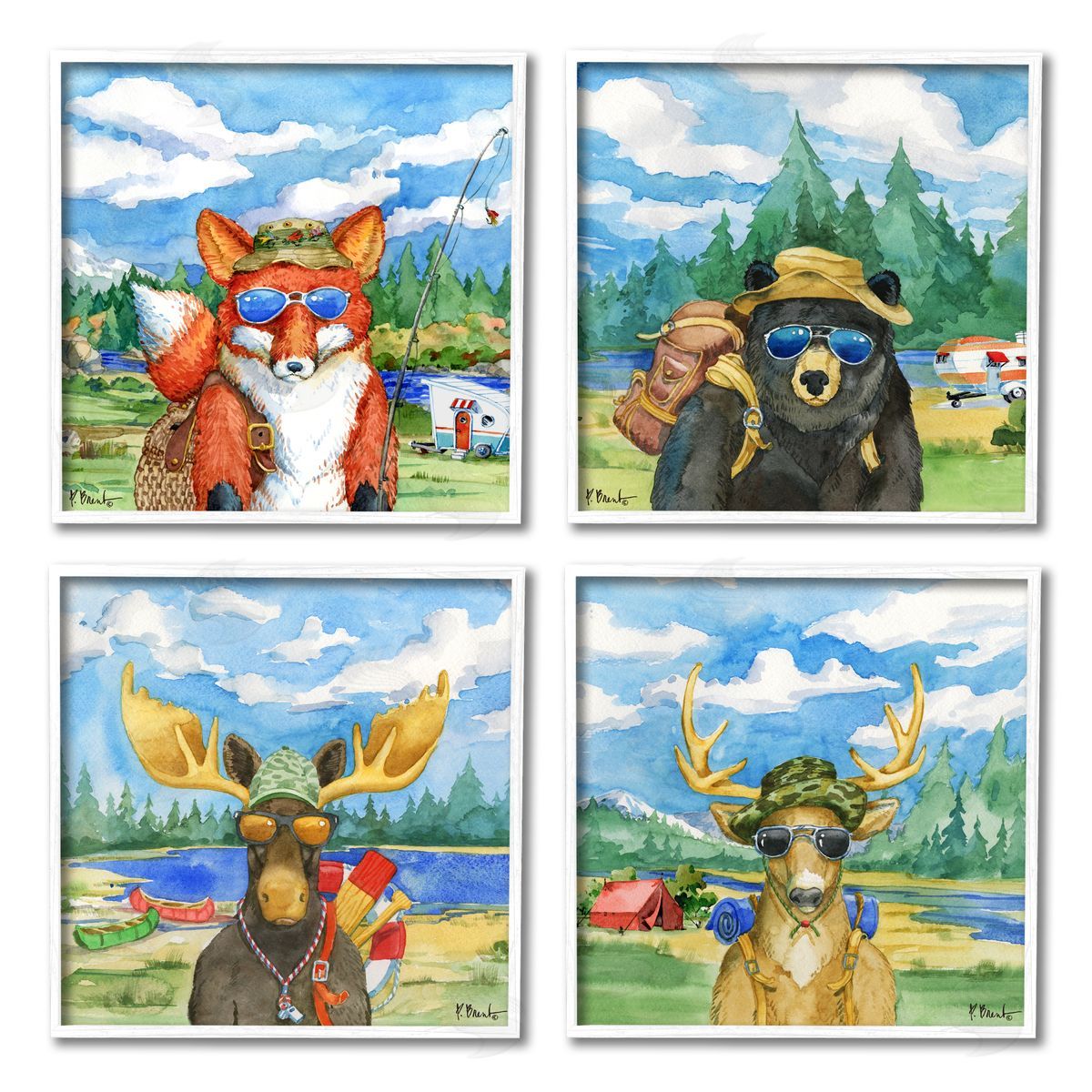 Paul Brent Happy Camper Woodland Animals White Framed Giclee Wall Art Print