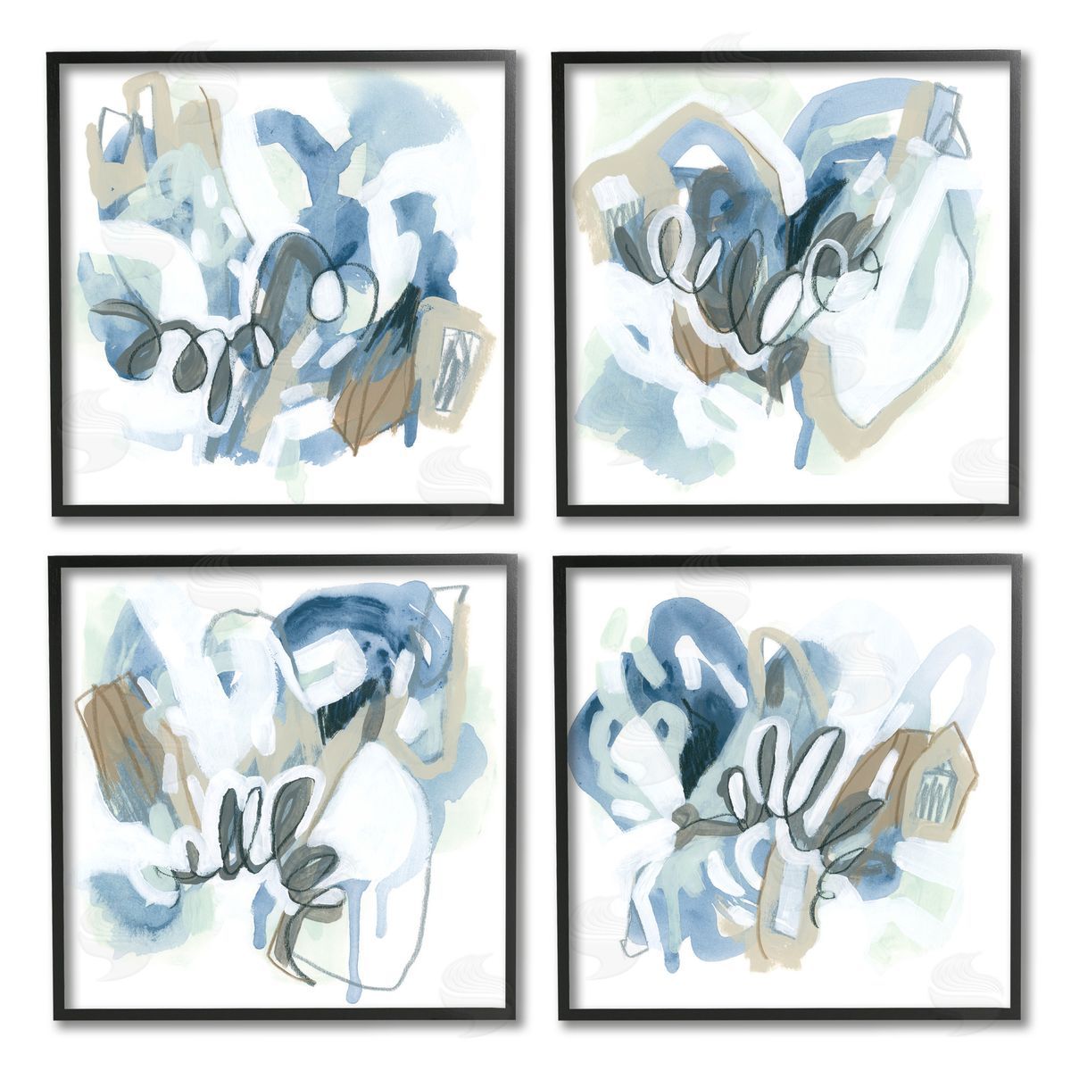 June Erica Vess Abstract Blue Squiggle Collage Black Framed Giclee Wall Art Print