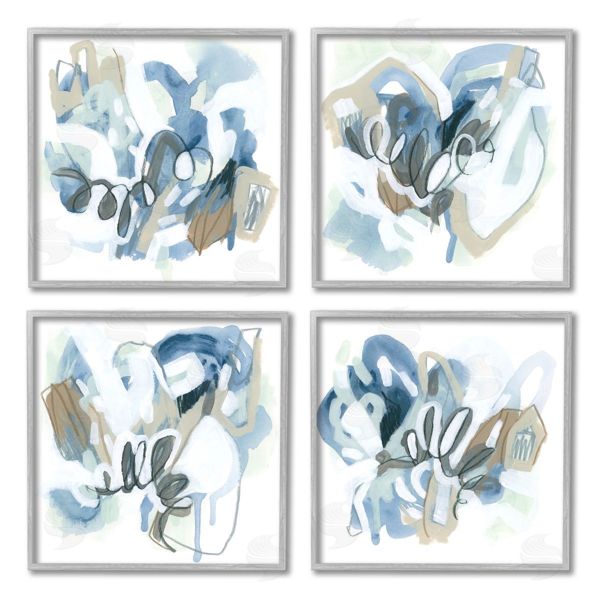 June Erica Vess Abstract Blue Squiggle Collage Gray Framed Giclee Wall Art Print