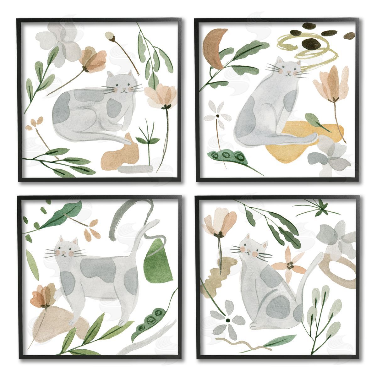 Melissa Wang Happy Cat Botanical Collage Black Framed Giclee Wall Art Print