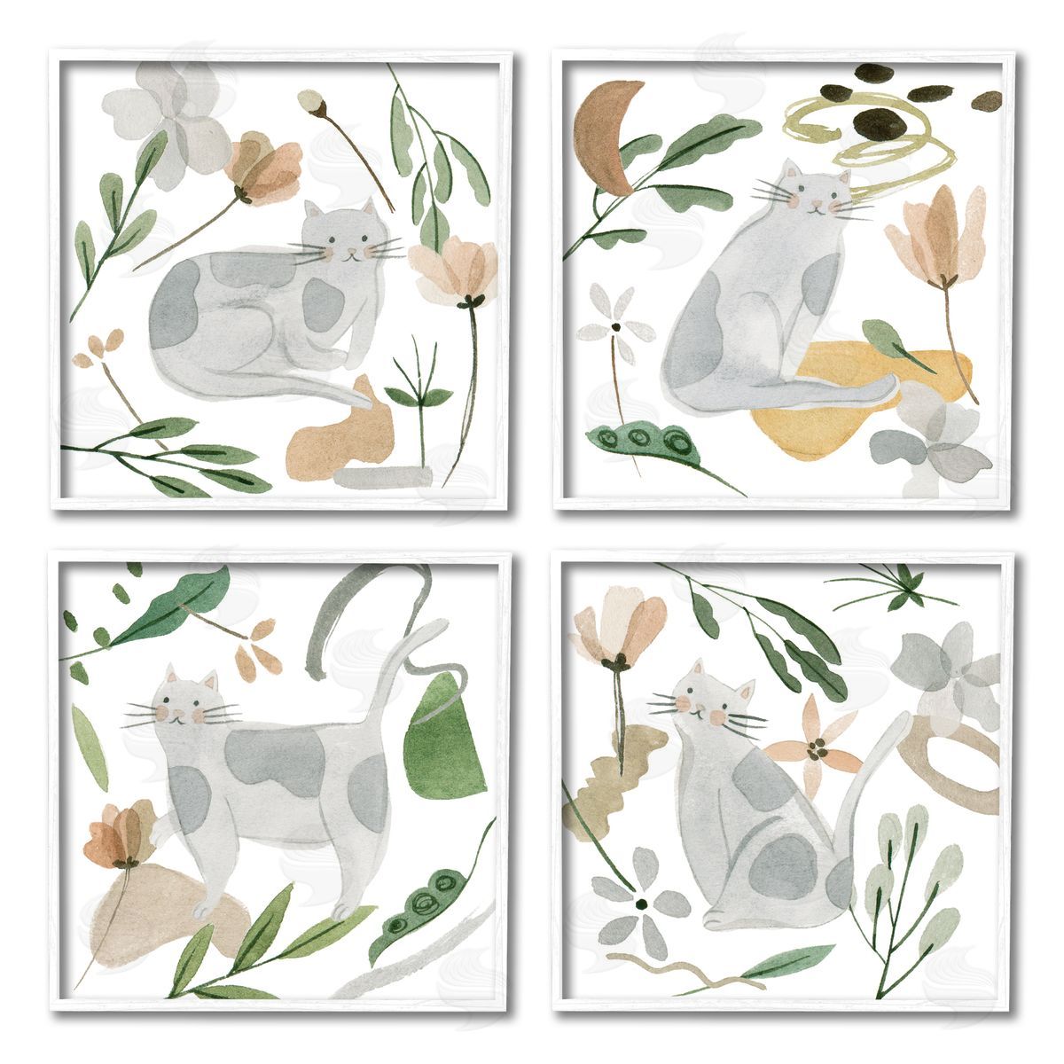 Melissa Wang Happy Cat Botanical Collage White Framed Giclee Wall Art Print
