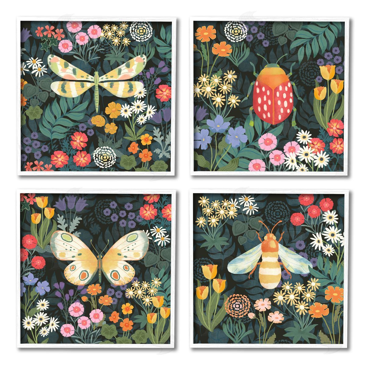 Jennifer Brinley rep. Levison Designs Insects Among Wildflowers White Framed Giclee Wall Art Print