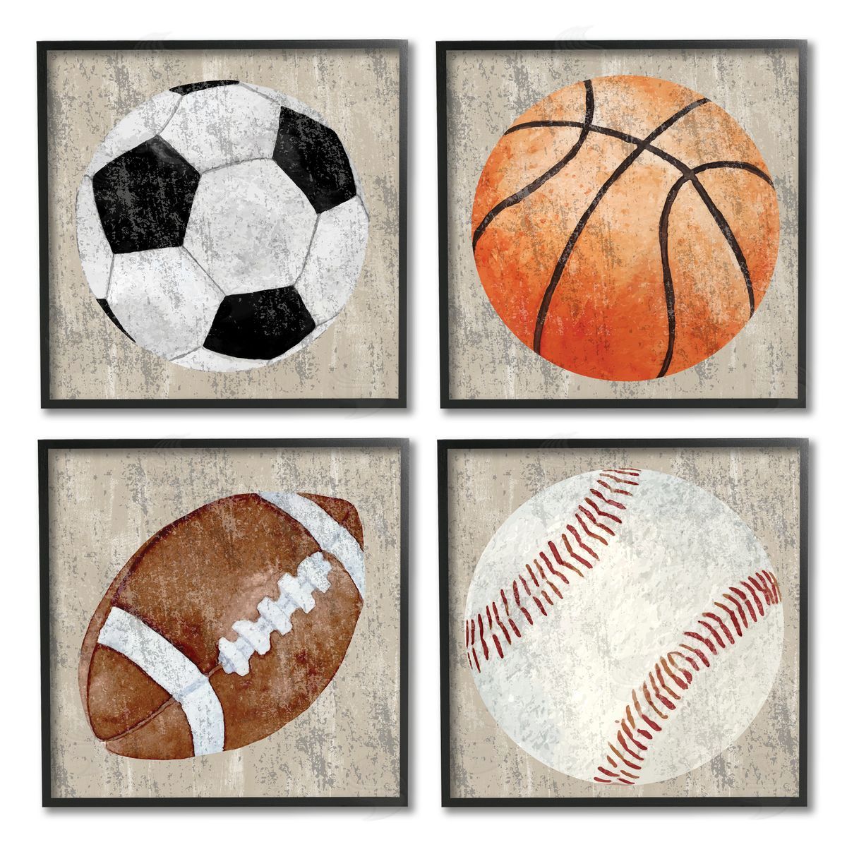 Kim Allen Various Rustic Sports Balls Black Framed Giclee Wall Art Print