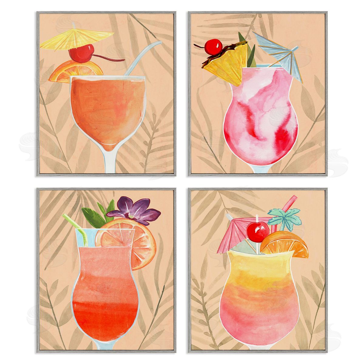 Annie Warren Tropical Fruit Cocktails Gray Framed Giclee Wall Art Print