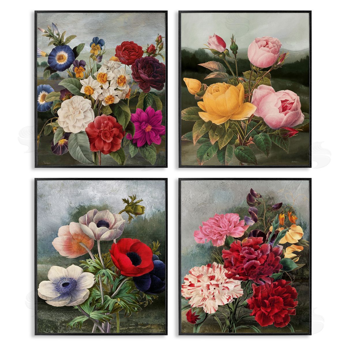 Vintage Cottage Blooms Black Frame Print Wall Art, Home Decor by Carol Robinson