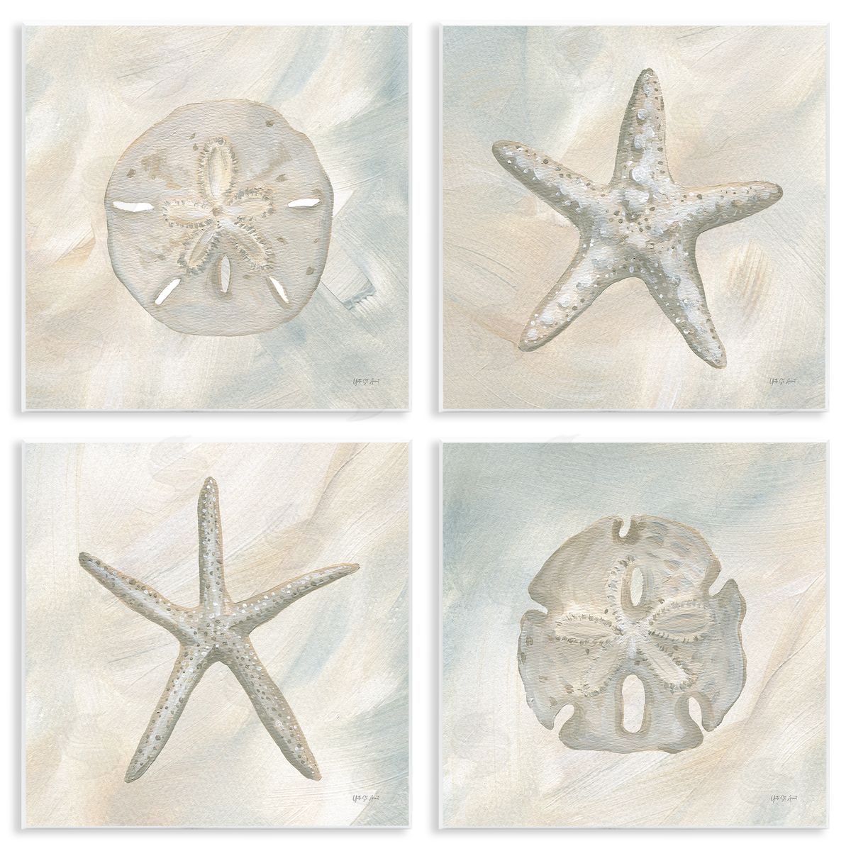 Yvette St. Amant Neutral Starfish & Sand Dollars Wooden Wall Plaque Art Print