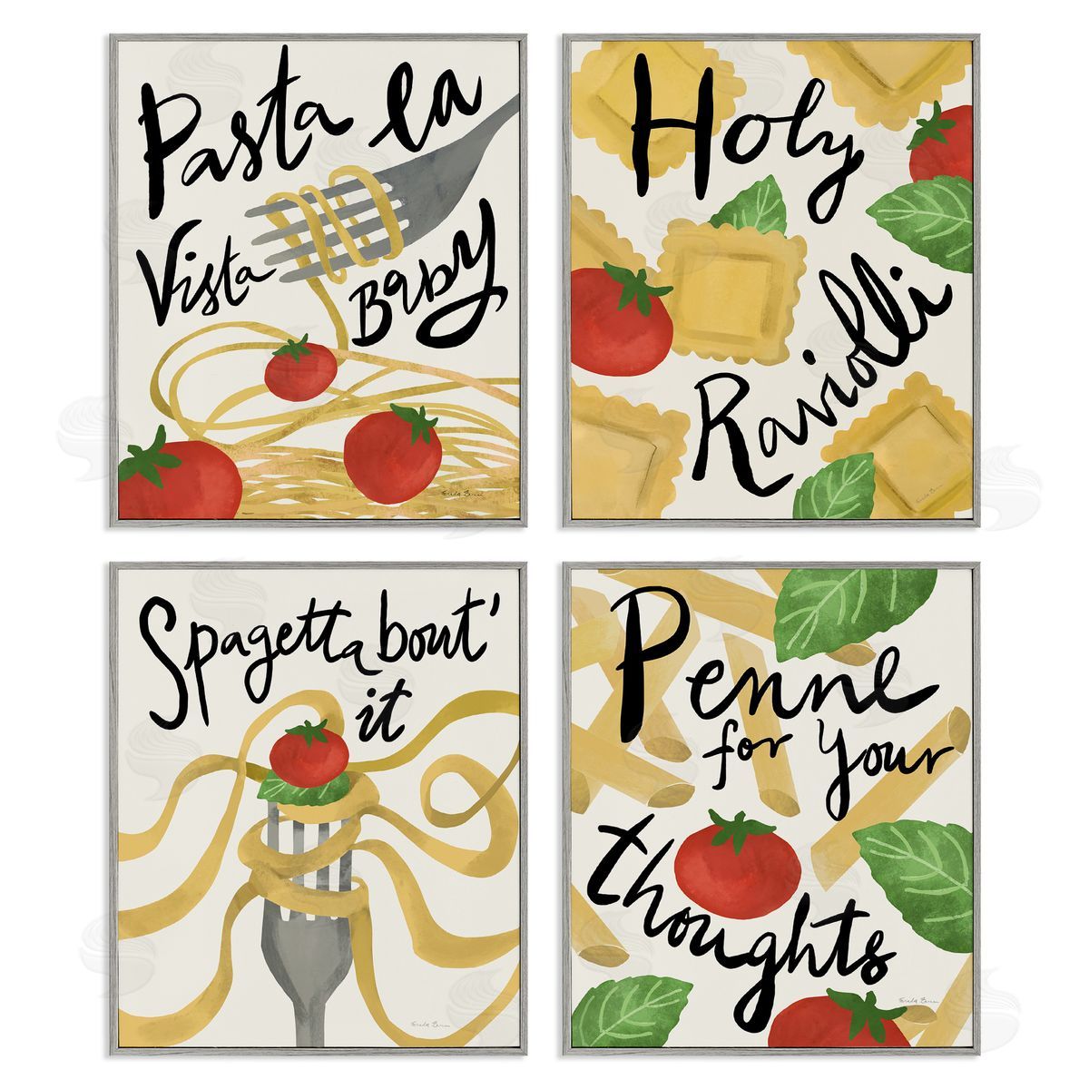 Funny Pasta Puns Grey Frame Print Wall Art, Home Decor by Farida Zaman
