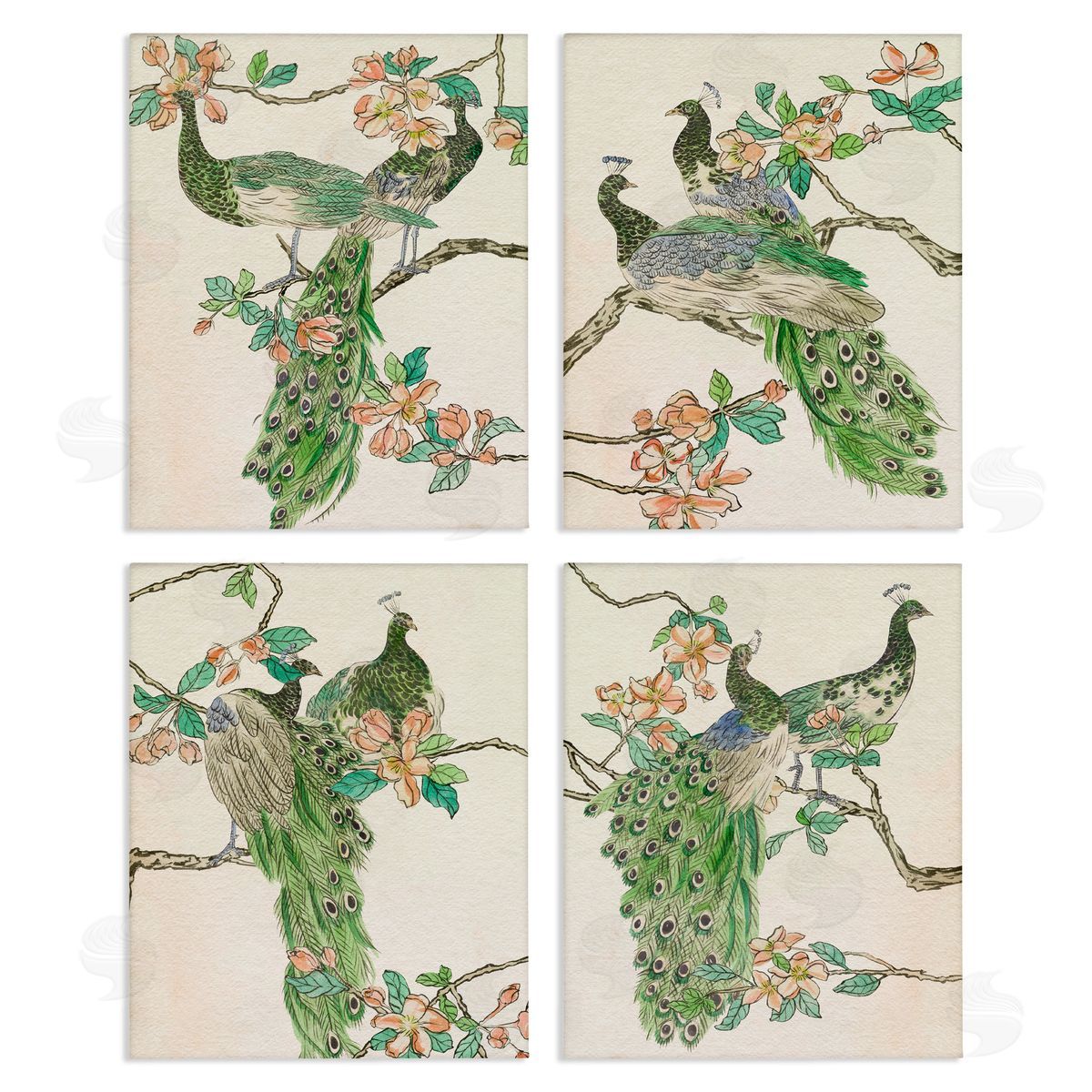 Traditional Peacocks on Branches Canvas Wall Art, Home Decor by Melissa Wang