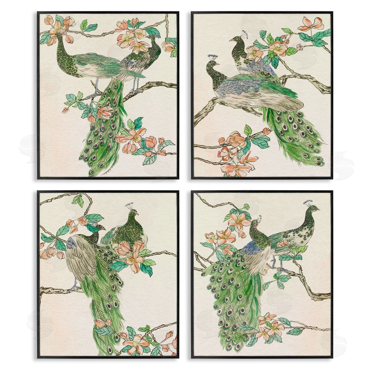 Traditional Peacocks on Branches Black Frame Print Wall Art, Home Decor by Melissa Wang