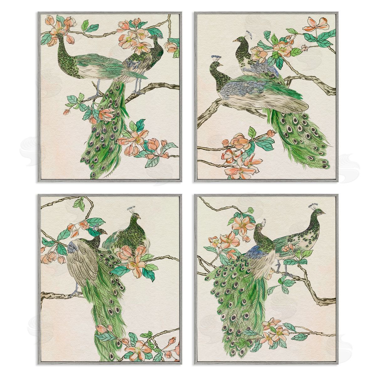 Traditional Peacocks on Branches Grey Frame Print Wall Art, Home Decor by Melissa Wang
