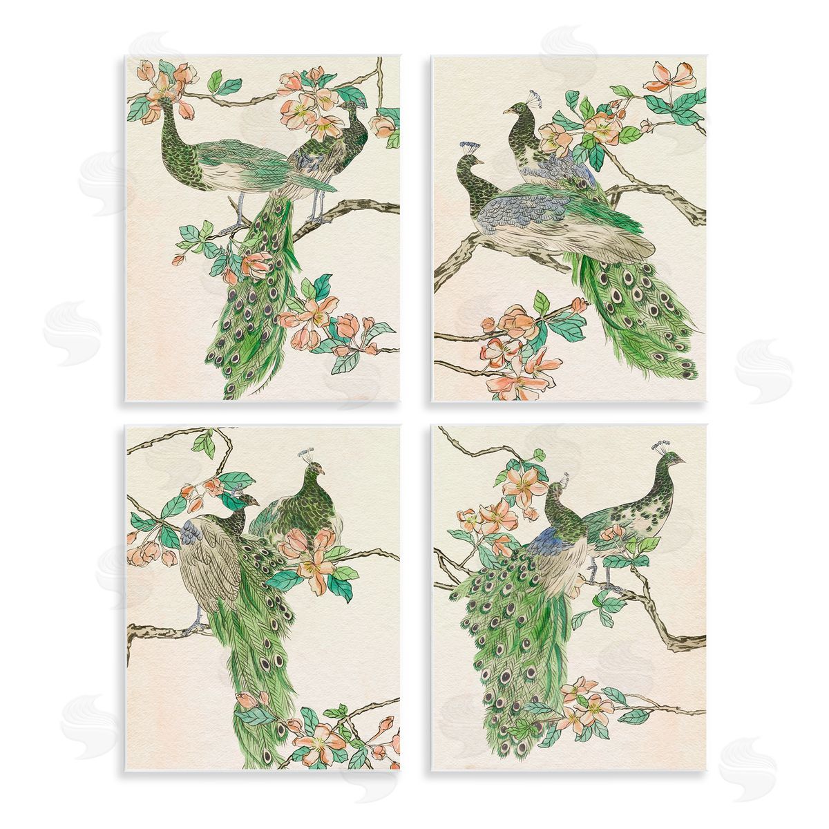 Traditional Peacocks on Branches Wood Plaque Wall Art, Home Decor by Melissa Wang