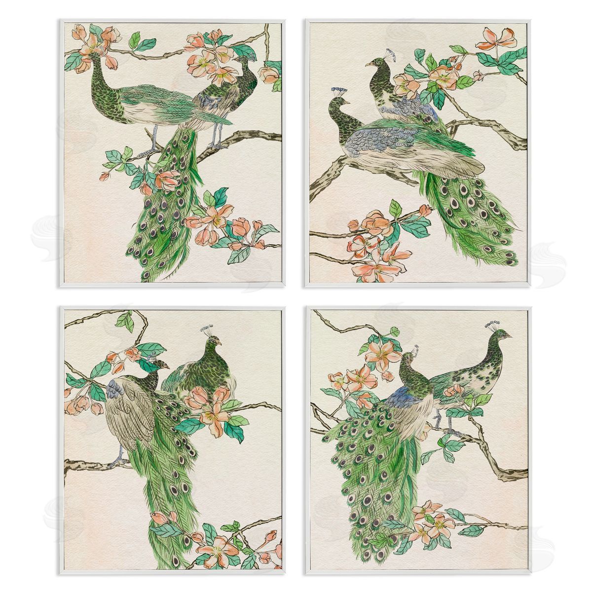 Traditional Peacocks on Branches White Frame Print Wall Art, Home Decor by Melissa Wang