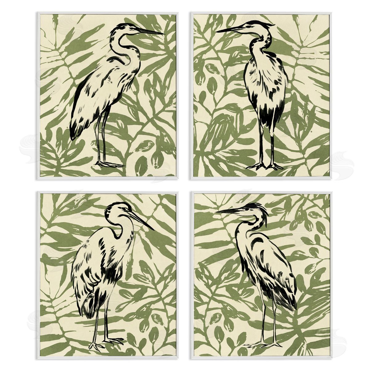 Tropical Herons with Leaves White Frame Print Wall Art, Home Decor by June Erica Vess