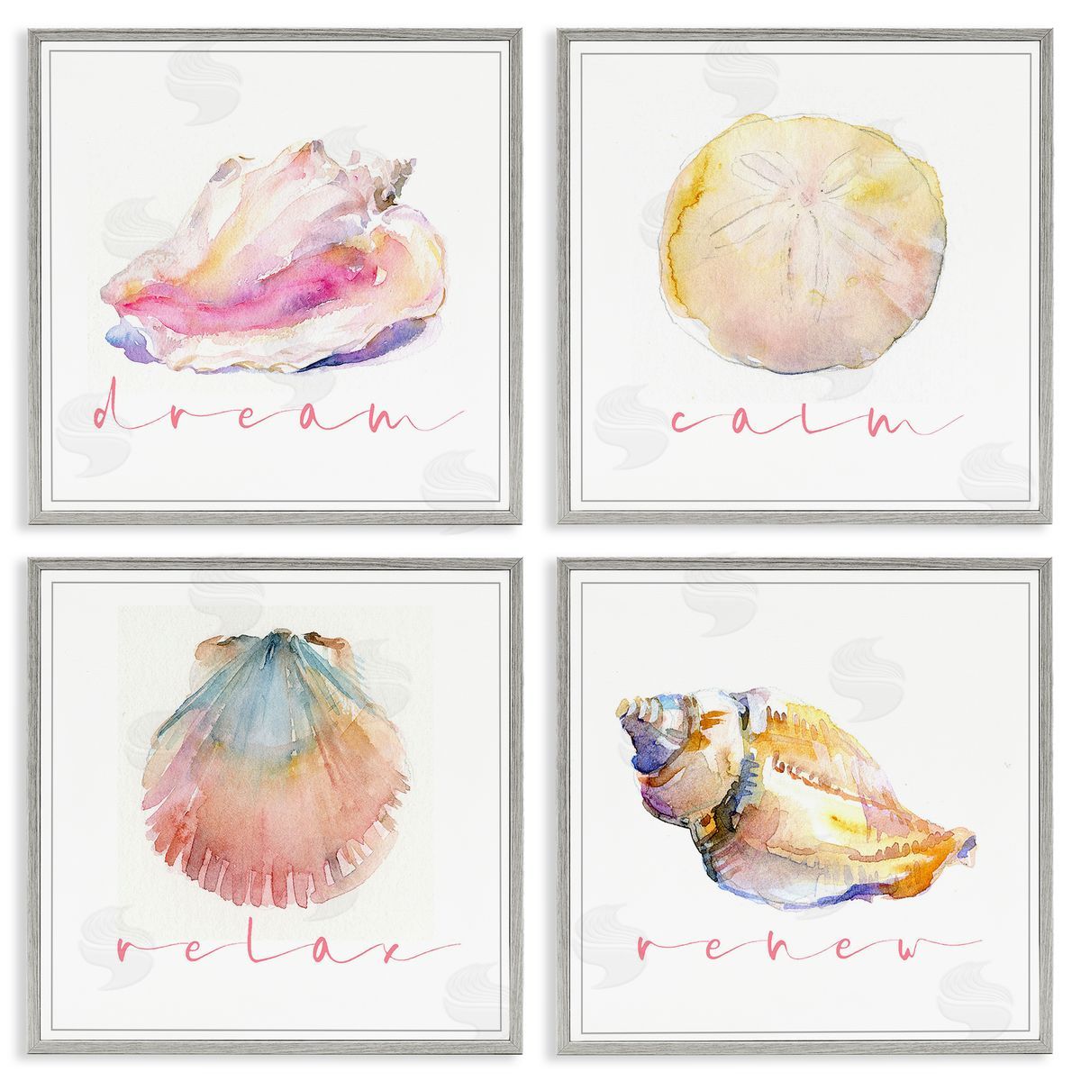 John Keeling Watercolor Seashells with Phrases Gray Framed Giclee Wall Art Print