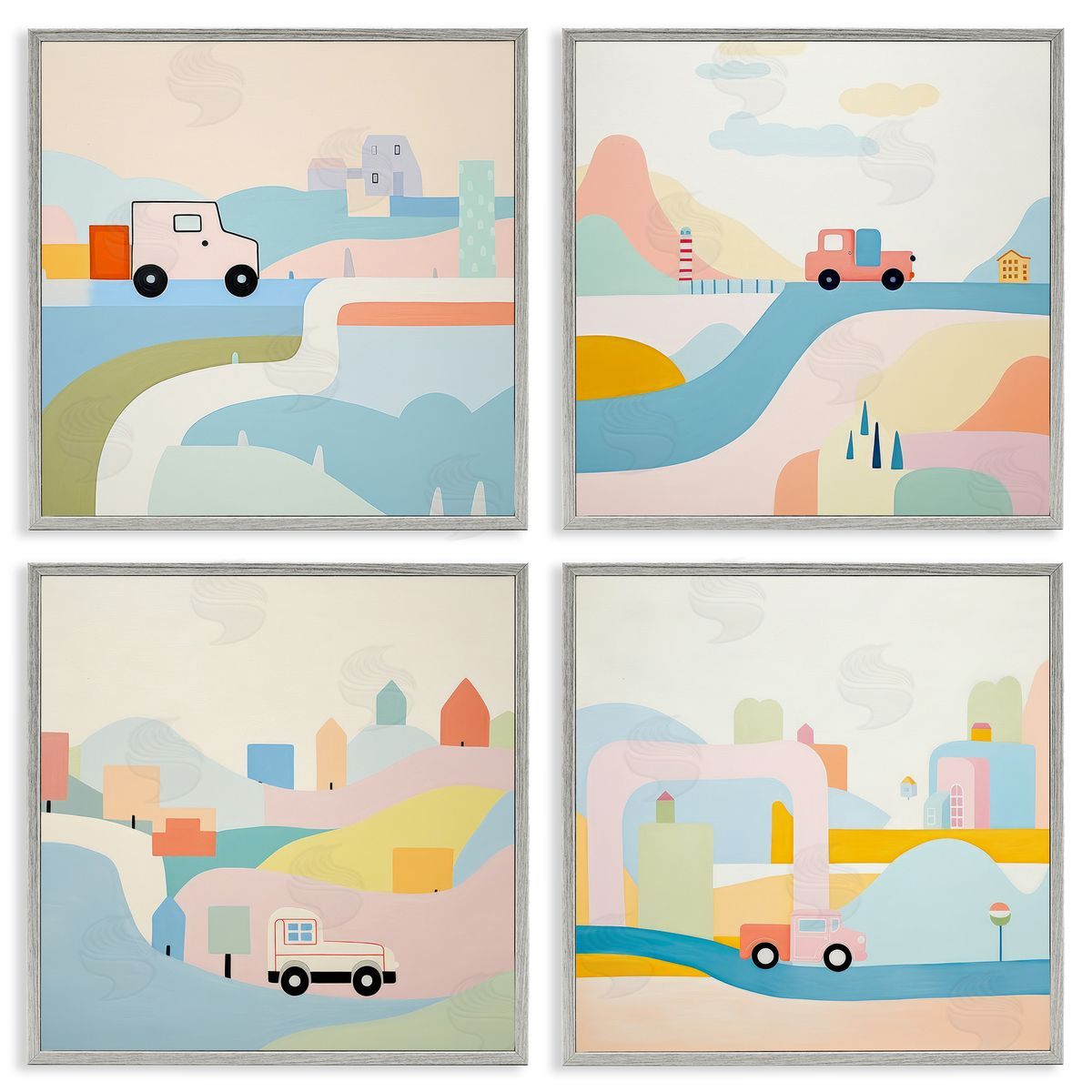 Pastel Whimsical Landscapes Grey Frame Print Wall Art, Home Decor by Lazar Studio
