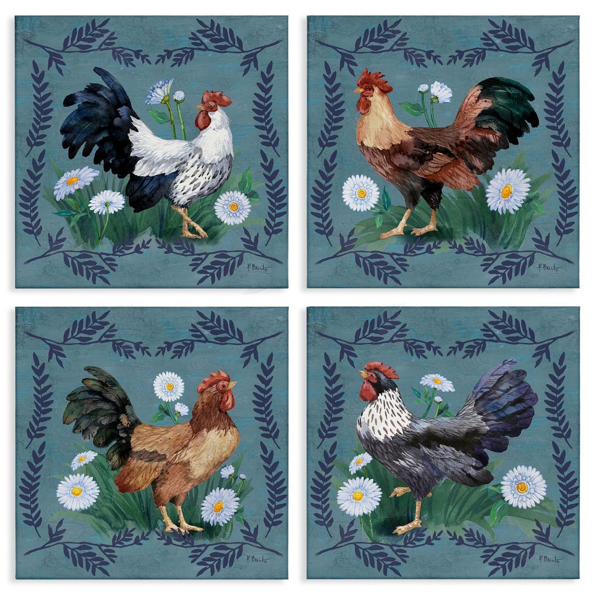Paul Brent Country Ferns & Roosters Canvas Wall Art Print
