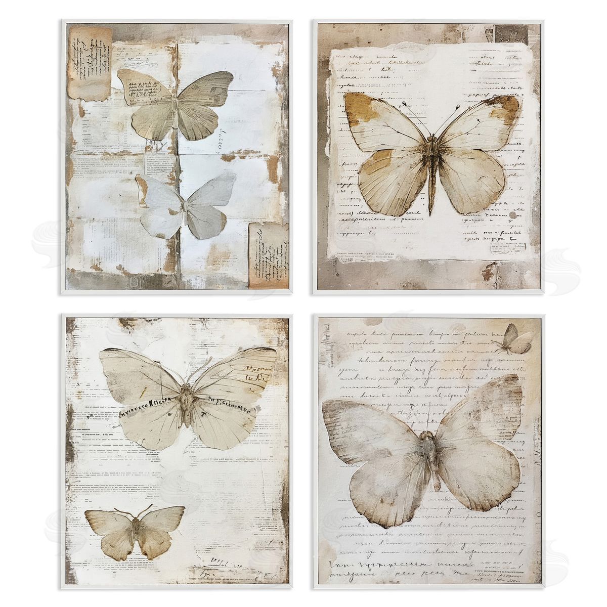 Neutral Vintage Butterflies White Frame Print Wall Art, Home Decor by RileyB