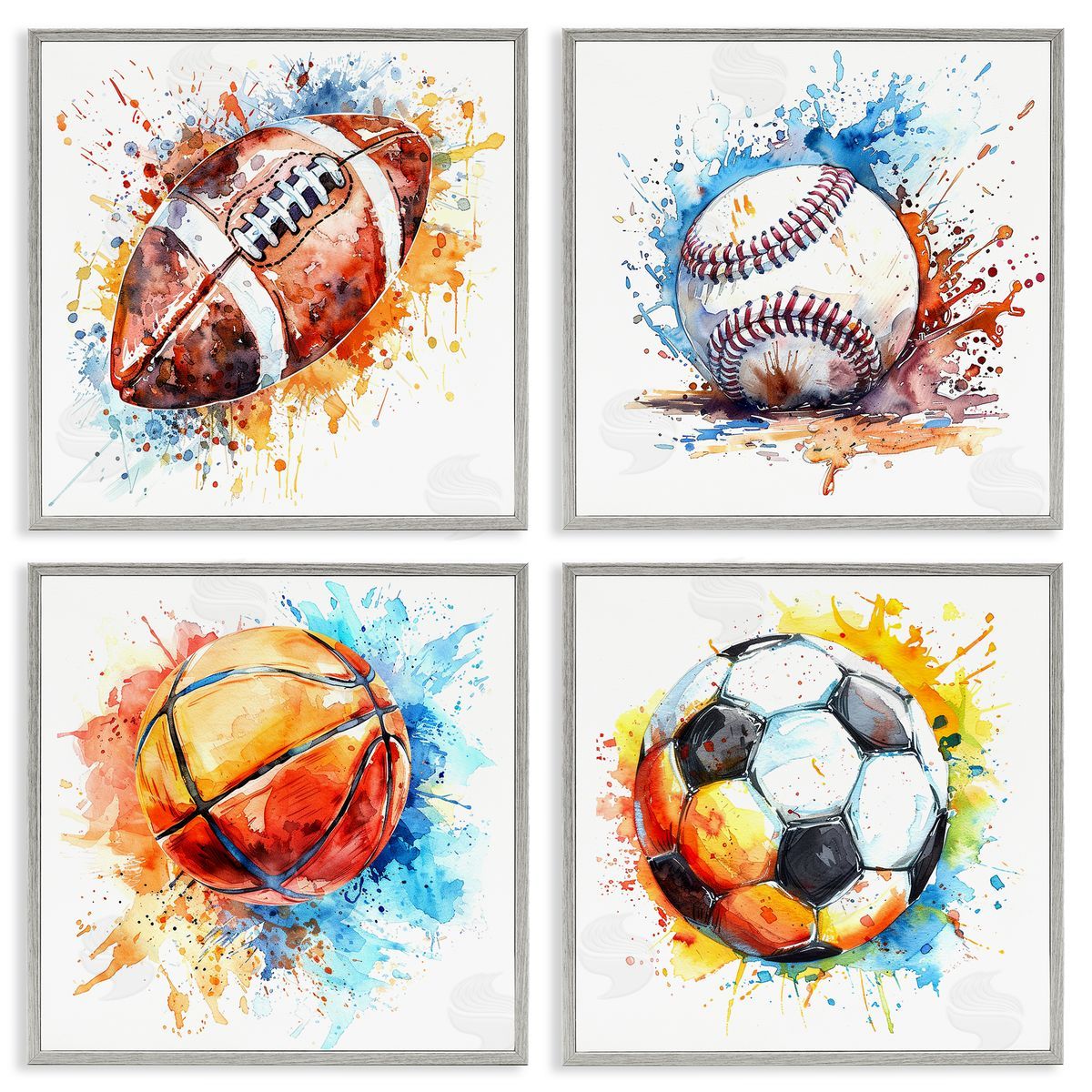 Modern Splash Sports Balls Grey Frame Print Wall Art, Home Decor by LSR Design Studio
