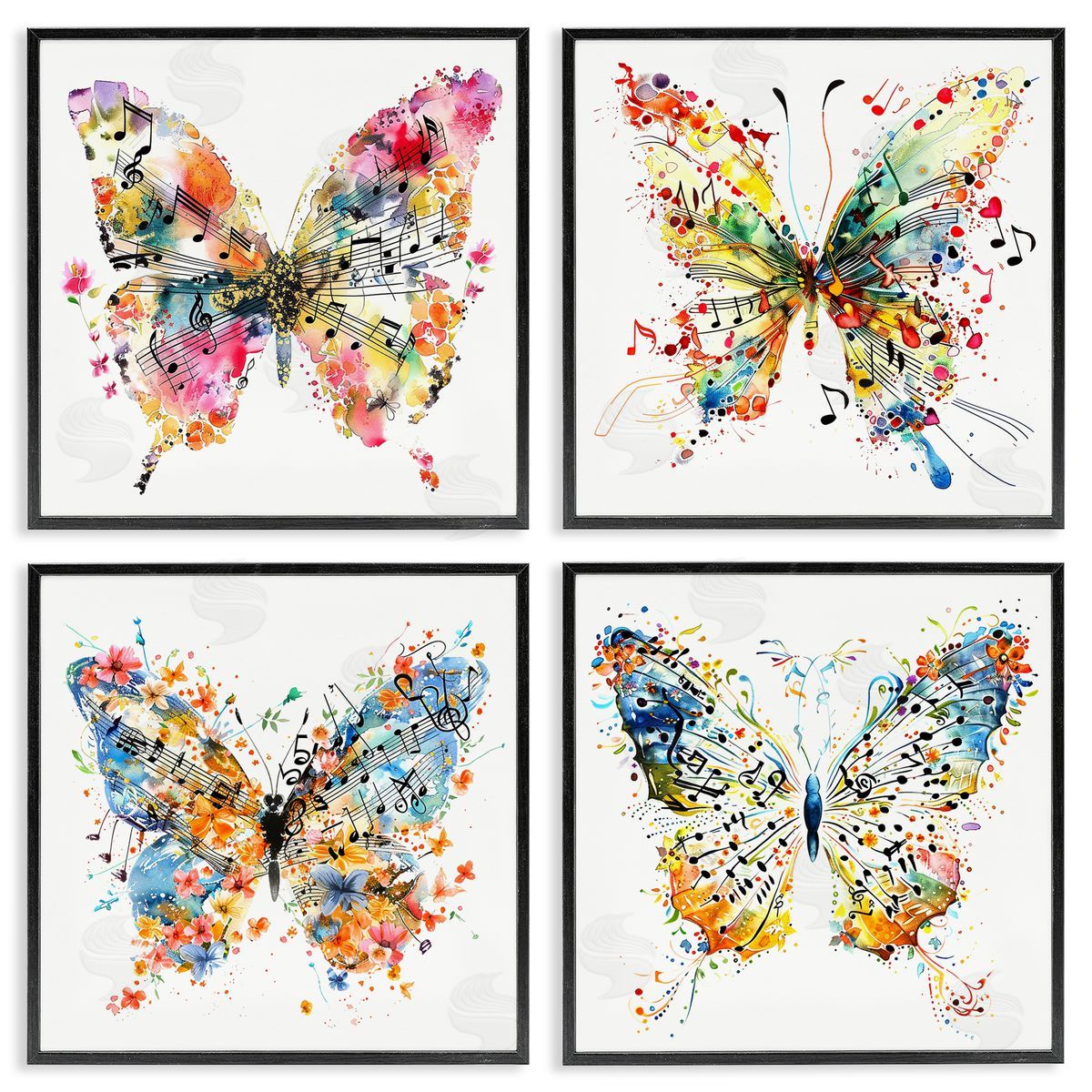 Butterflies with Music Notes Black Frame Print Wall Art, Home Decor by LSR Design Studio