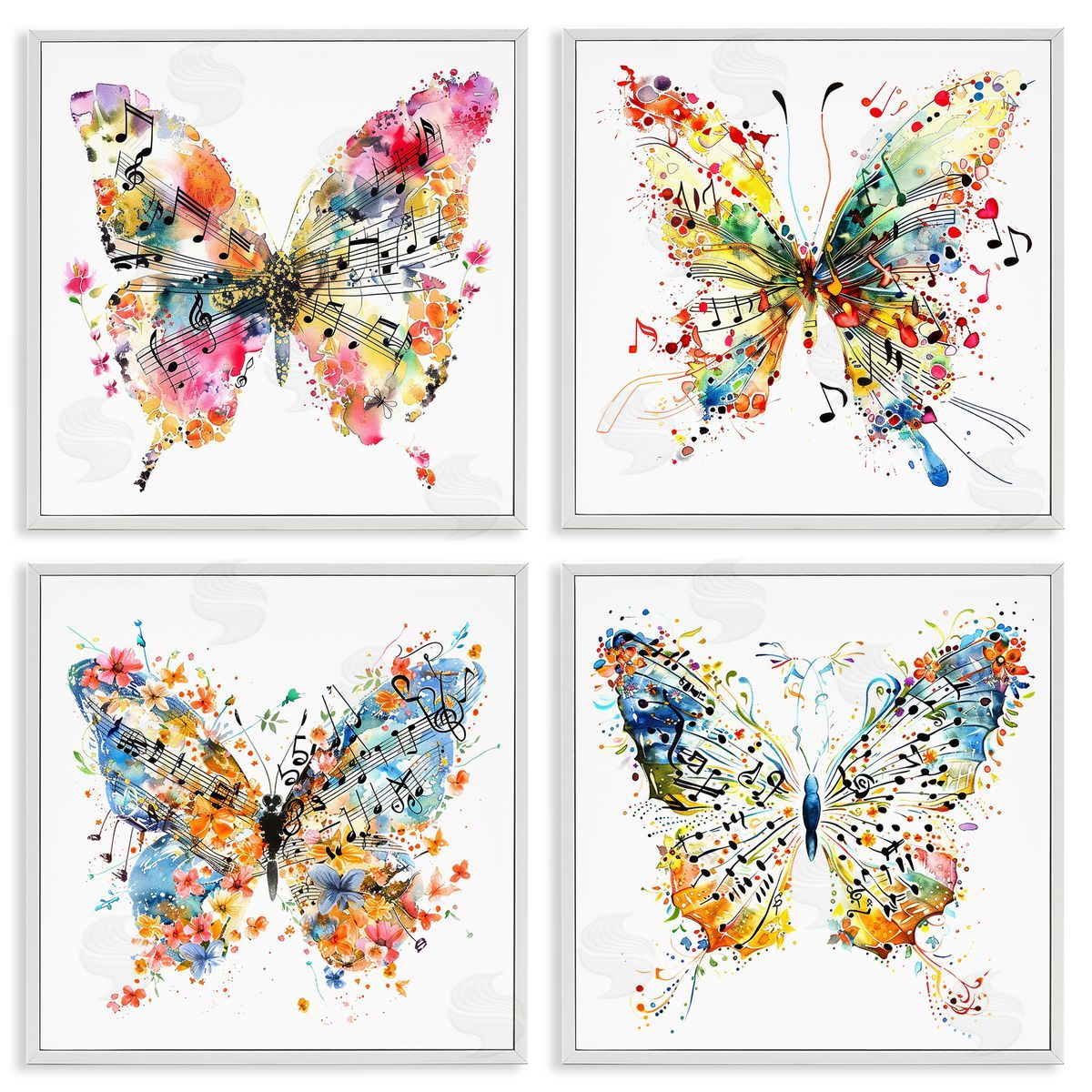Butterflies with Music Notes White Frame Print Wall Art, Home Decor by LSR Design Studio