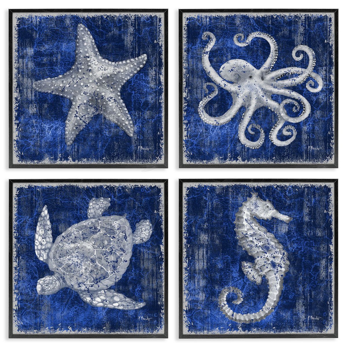 Sea Life on Abstract Blue Black Frame Print Wall Art, Home Decor by Paul Brent