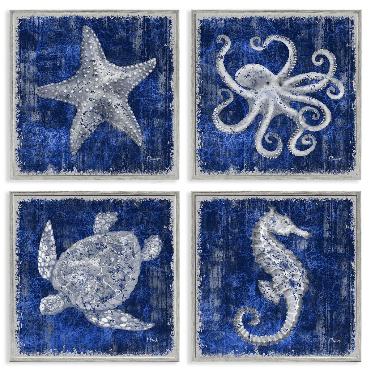 Sea Life on Abstract Blue Grey Frame Print Wall Art, Home Decor by Paul Brent