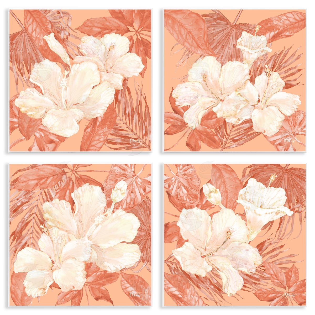Peach Hibiscus Flowers Wood Plaque Wall Art, Home Decor by Paul Brent