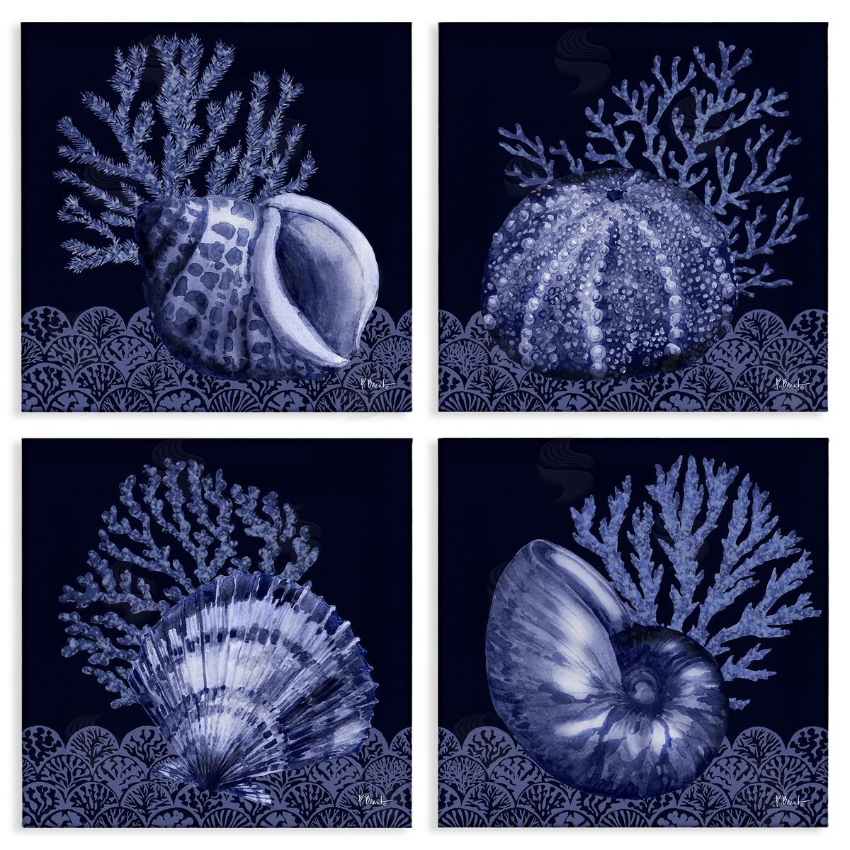 Indigo Nautical Seashells Canvas Wall Art, Home Decor by Paul Brent