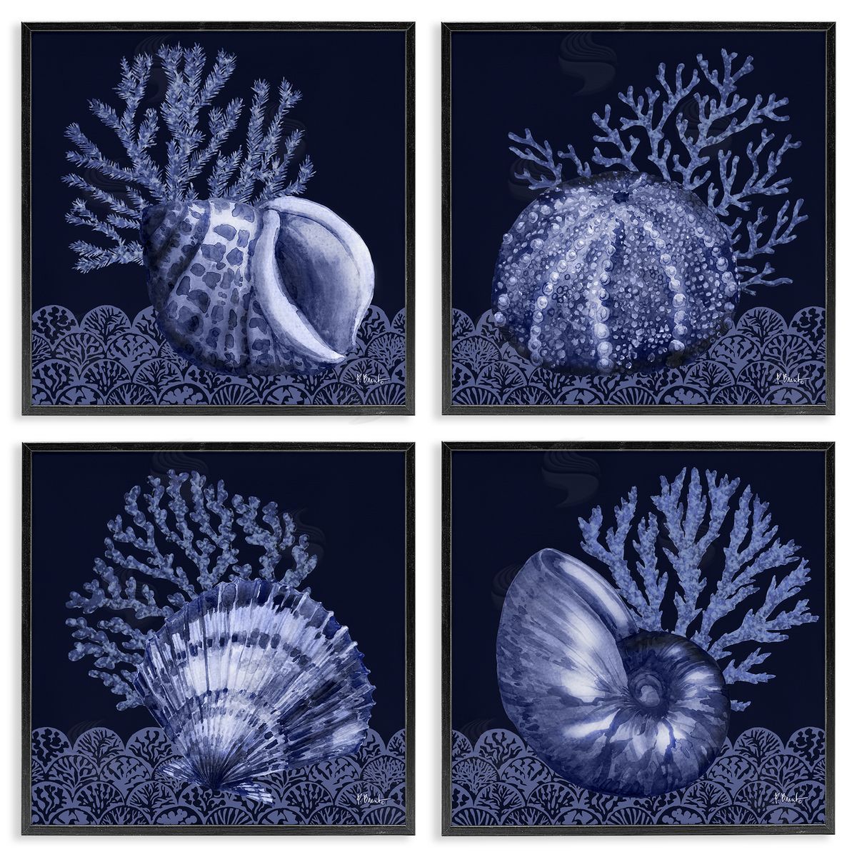 Indigo Nautical Seashells Black Frame Print Wall Art, Home Decor by Paul Brent