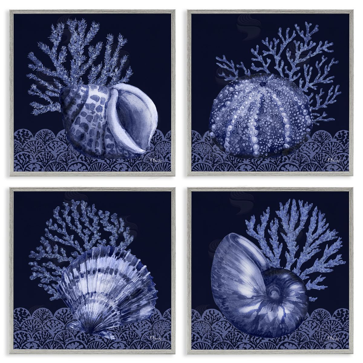 Indigo Nautical Seashells Grey Frame Print Wall Art, Home Decor by Paul Brent