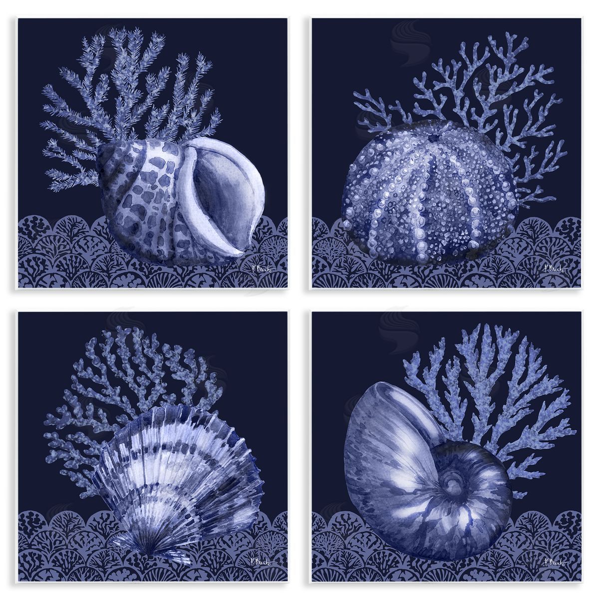 Indigo Nautical Seashells Wood Plaque Wall Art, Home Decor by Paul Brent