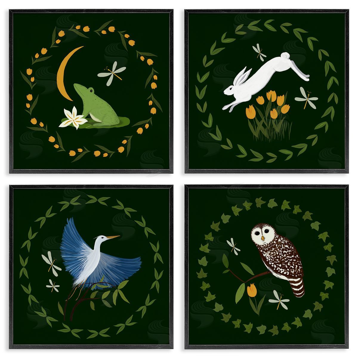 Animals with Circular Wreaths Black Frame Print Wall Art, Home Decor by Michelle Ingari Designs