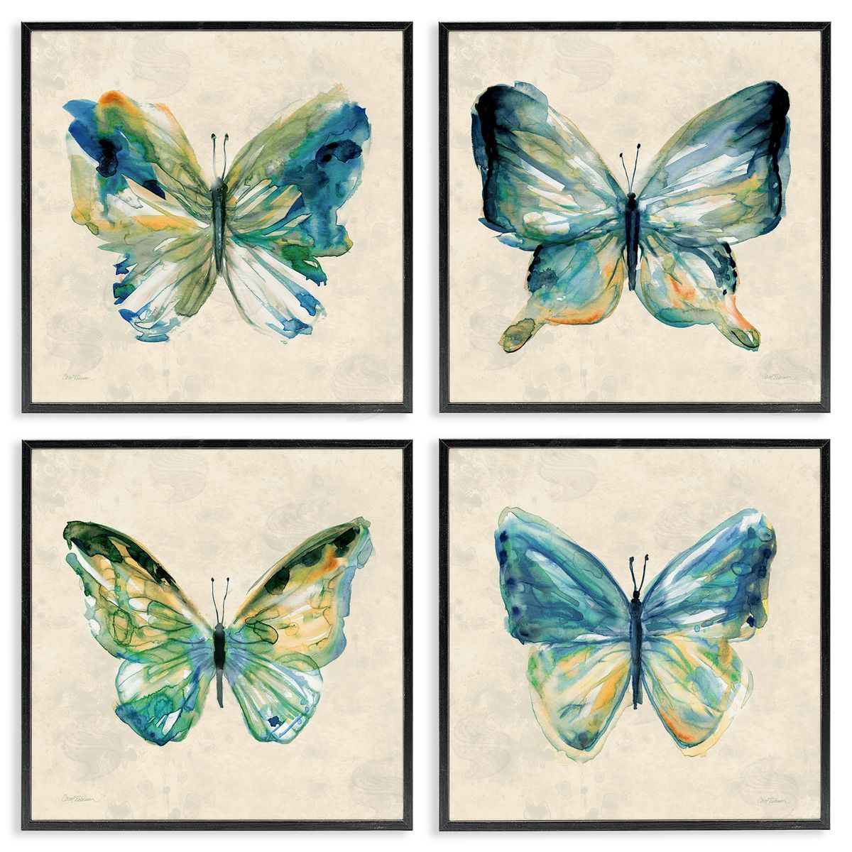 Abstract Green Butterflies Black Frame Print Wall Art, Home Decor by Carol Robinson