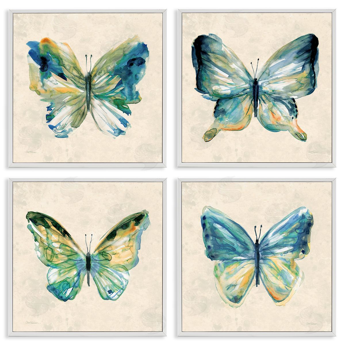Abstract Green Butterflies White Frame Print Wall Art, Home Decor by Carol Robinson