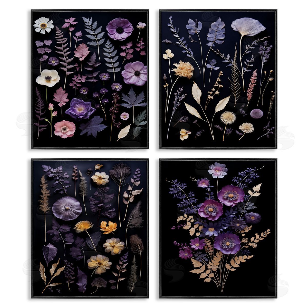 Dimensional Cottage Flower Sprigs Black Frame Print Wall Art, Home Decor by Heidi Kuntz