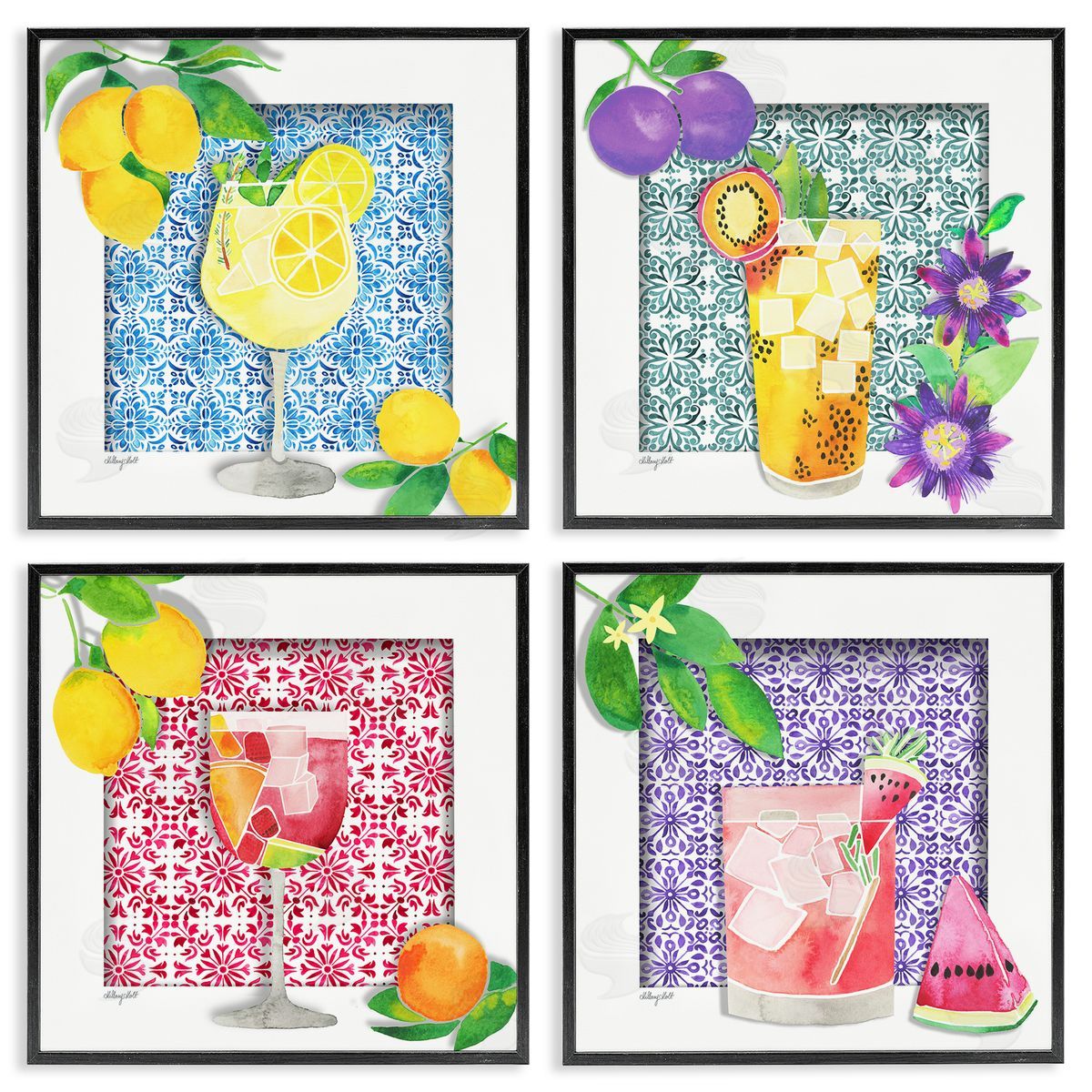 Bright Patterned Fruit Cocktails Black Frame Print Wall Art, Home Decor by Hillary Holt