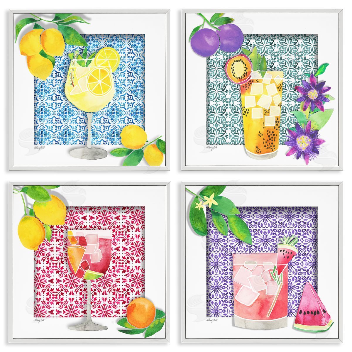 Bright Patterned Fruit Cocktails White Frame Print Wall Art, Home Decor by Hillary Holt