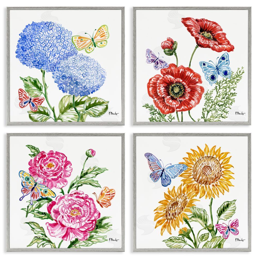 Paul Brent Brushstroke Florals & Butterflies Gray Framed Giclee Art Set