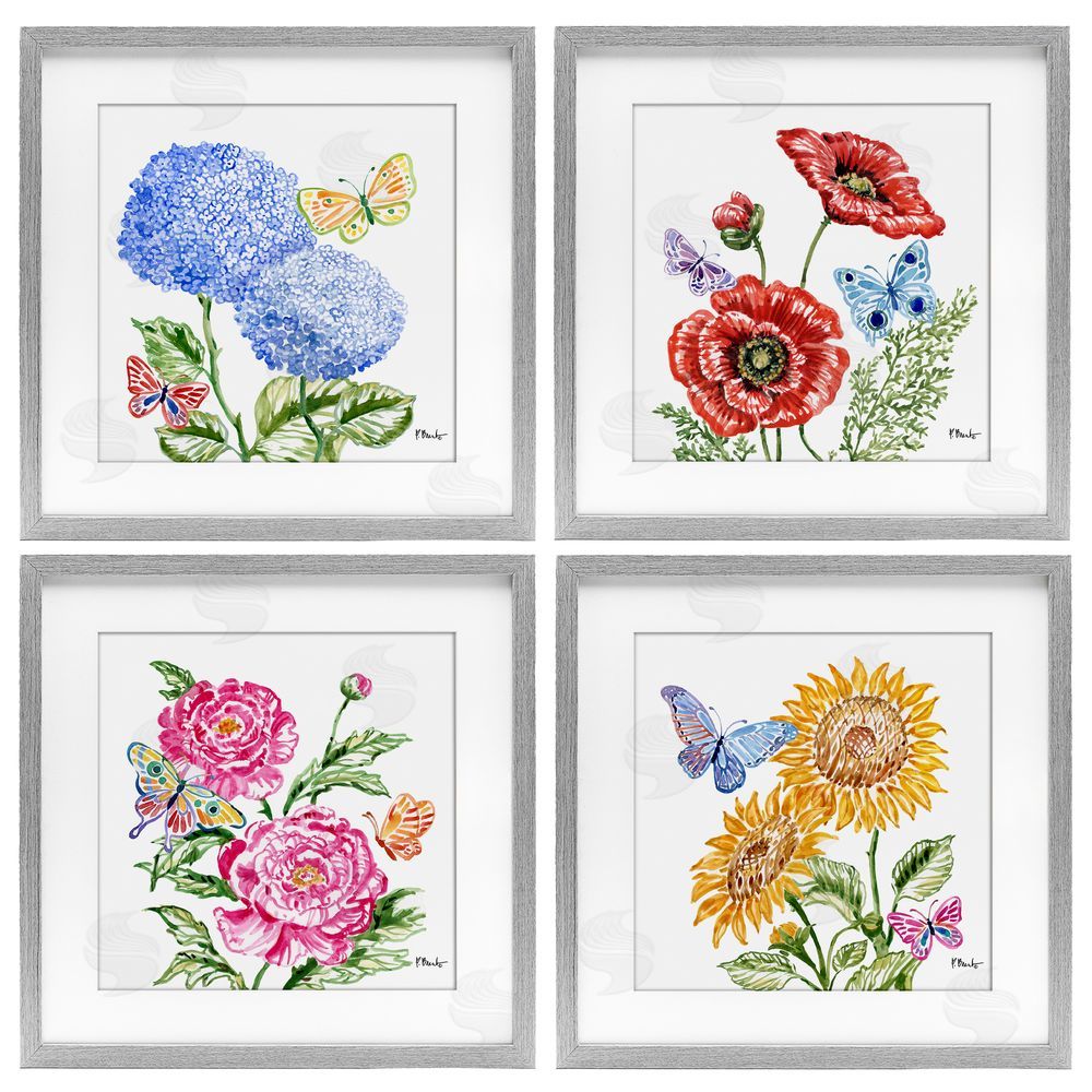 Paul Brent Brushstroke Florals & Butterflies Gray Framed Print Under Glass Set