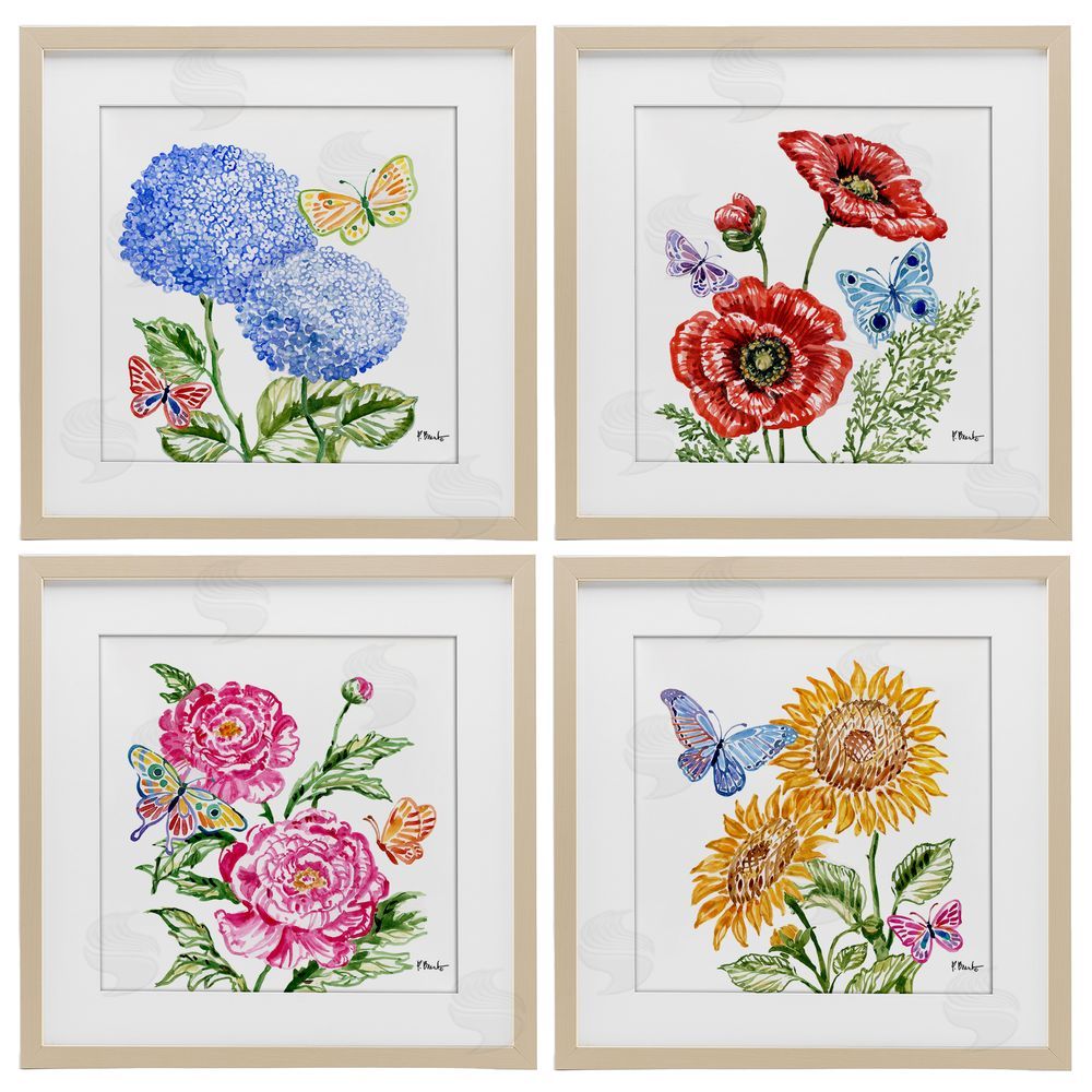 Paul Brent Brushstroke Florals & Butterflies Birch Framed Print Under Glass Set
