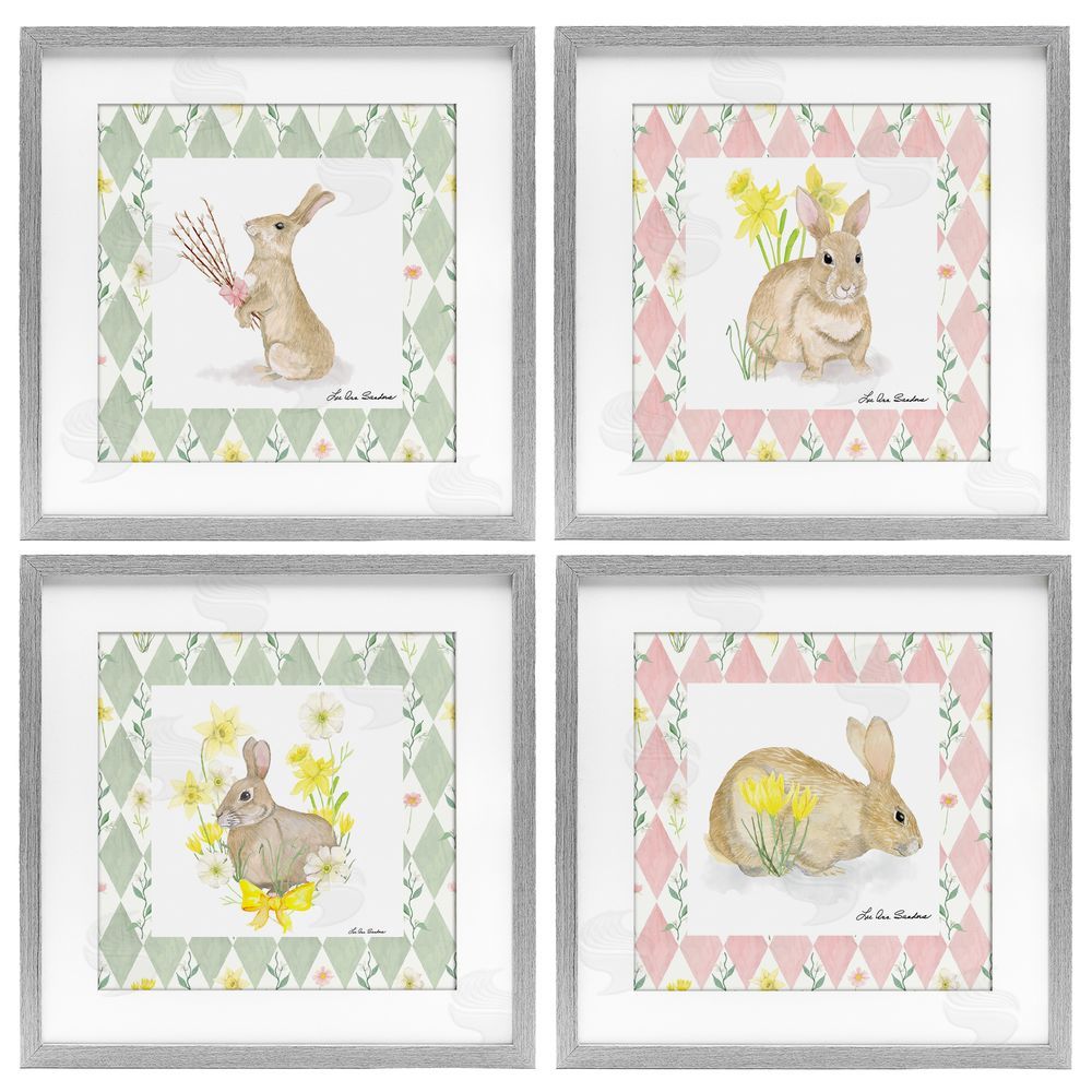 Lee Ann Sanders Spring Bunnies on Argyle Gray Framed Print Under Glass Wall Art