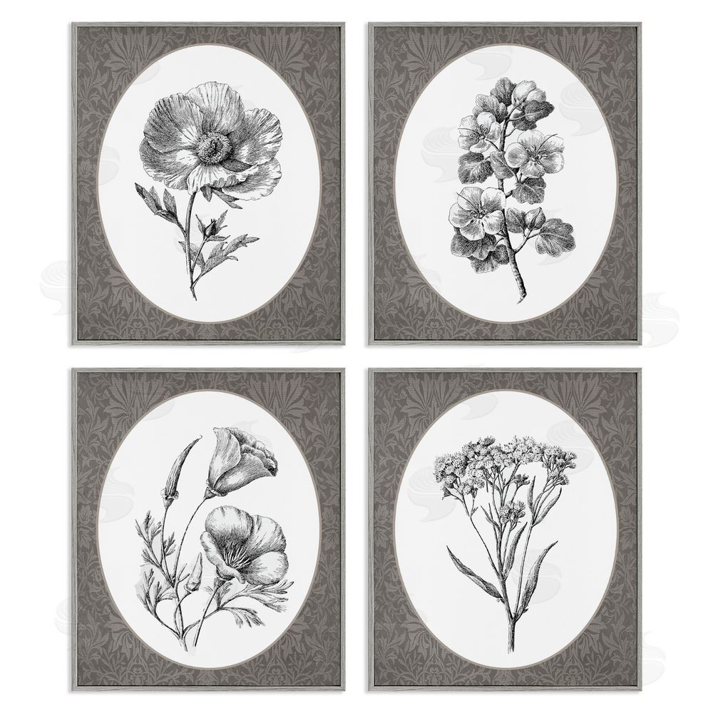 Lettered and Lined Ornate Blooms over Damask Gray Framed Giclee Print Wall Art