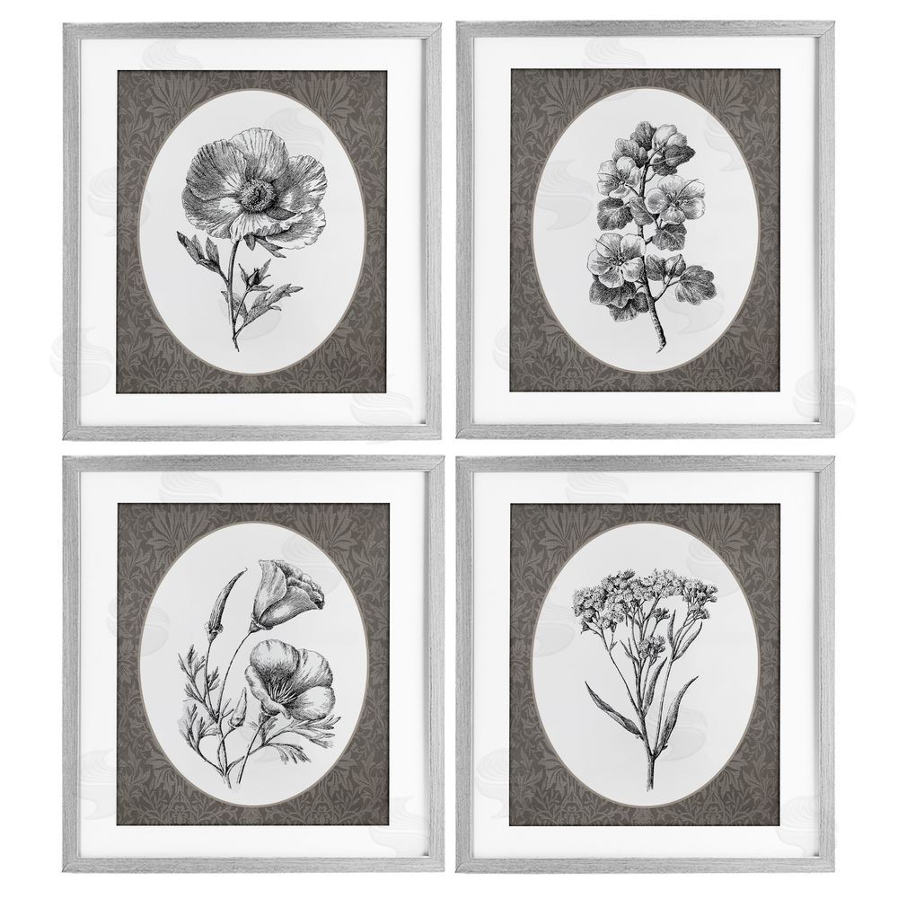 Lettered and Lined Ornate Blooms over Damask Gray Framed Print Under Glass Wall Art