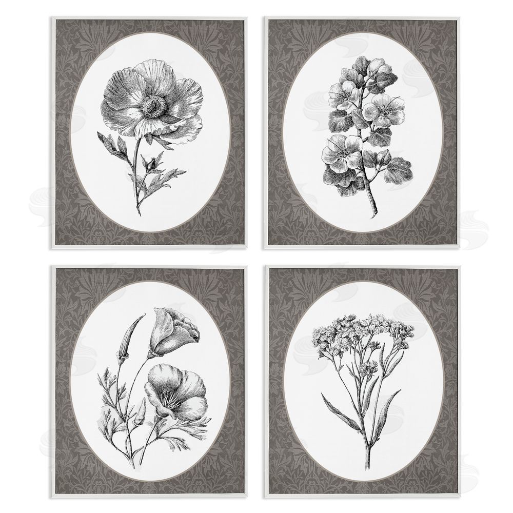 Lettered and Lined Ornate Blooms over Damask White Framed Giclee Print Wall Art