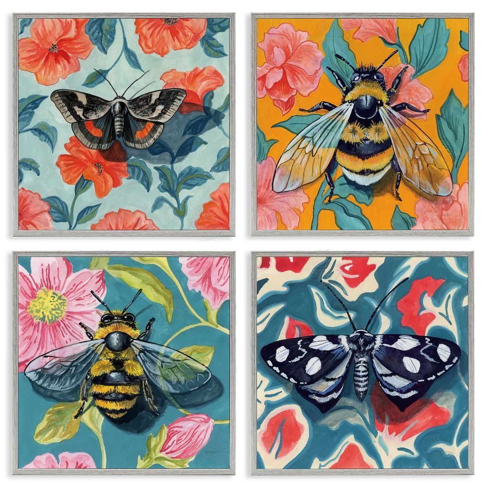 Kate Jarvik Birch Insects on Flower Patterns Gray Framed Giclee Wall Art Print