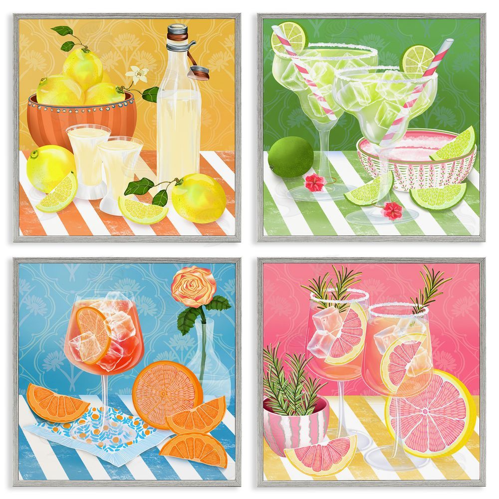 Lori Mosley Cocktails & Lemons on Stripes Gray Framed Giclee Wall Art Print