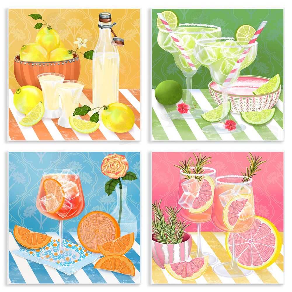 Lori Mosley Cocktails & Lemons on Stripes Wooden Wall Plaque Art Print