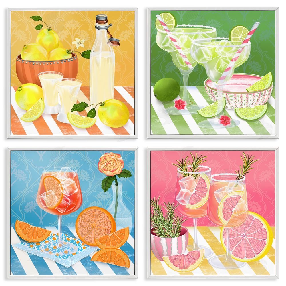 Lori Mosley Cocktails & Lemons on Stripes White Framed Giclee Wall Art Print